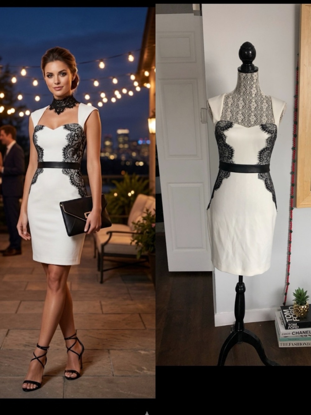 NWT $128 Guess White Bodycon Party Dress With Black Lace Detail. Small.